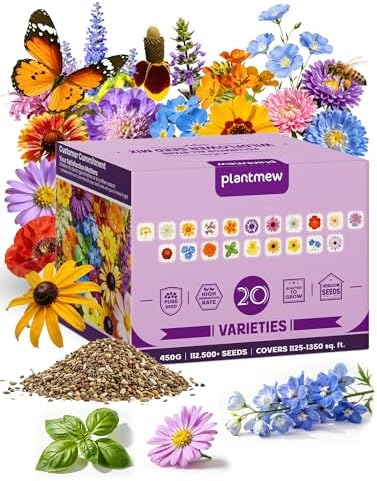 Wildflower Seeds Mix – Pollinator All-Stars, 20 Heirloom Varieties, 112,500+ Seeds (1lb) Covers 1125-1350 sq.ft. – High Germination for Bees, Butterflies, Hummingbirds & Moths Outdoor Garden by PLANTMEW
