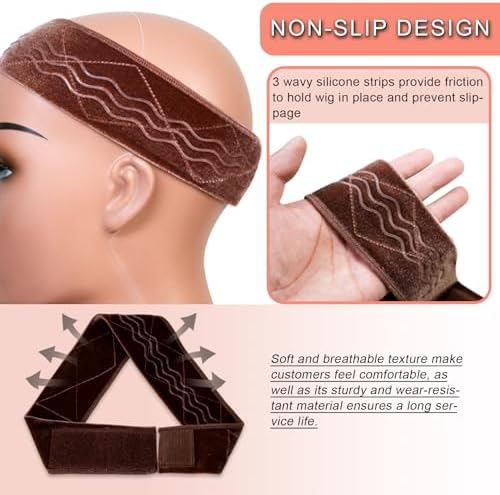 Wig Grip Band Flexible Velvet Scarf Adjustable Comfort Headband Wig Comfort Non-Slip Adjustable Fasten Wig Bands with Wavy Silicone (Brown) - Image 6