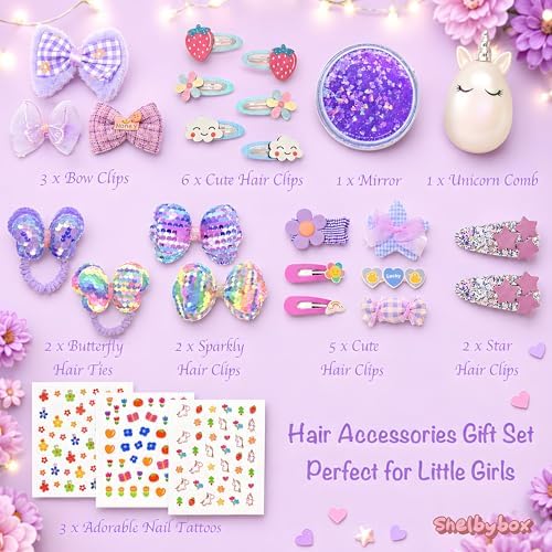 Hair Accessories for Girls Gift Set - Girl Hair Accessories Kit for Kids Ages 4-8, Purple Hair Clips, Barrettes, Ponytail Ties, Bows, Mirror & Unicorn Comb, Toddler Hair Set - Image 3