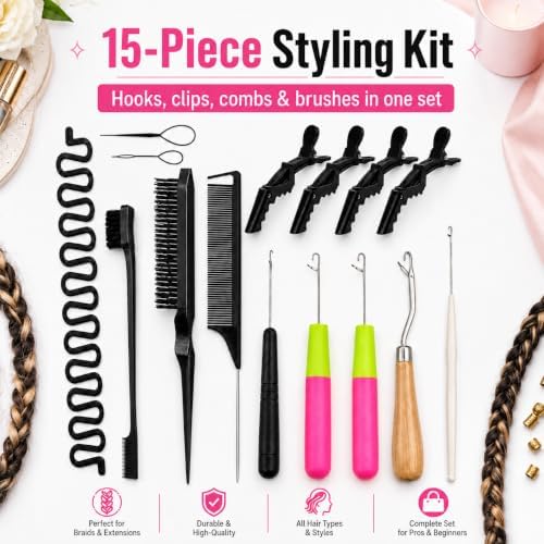 Nalexmi Crochet Hooks for Hair, Latch Hook Crochet Needle Set for Braiding, Locs, Dreadlocks and Passion Twist Extensions, with Tail Comb and Duckbill Hair Clips, Pink Styling Kit (15, Black) - Image 2