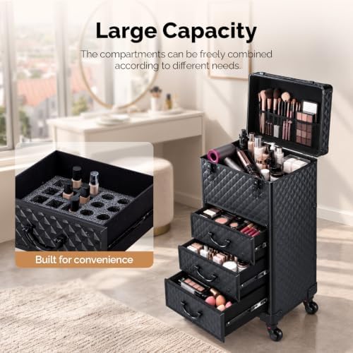 OmySalon Rolling Makeup Train Case with 3 Drawers, Cosmetology Case on Wheels w/Pull Handle and Removable Wheels, Large Cosmetic Organizer Storage Box for Nail Tech, Makeup Artist, Hairstylist(Black) - Image 3