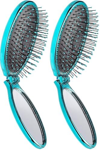 Wet Brush Pop Go Detangler, Blue Teal - Foldable, On-The-Go Design, Travel Brush, Ultrasoft IntelliFlex Bristles, Detangling Hairbrush, Built-In Mirror Handle, Wet & Dry, All Hair Types (Pack of 2) by WetBrush