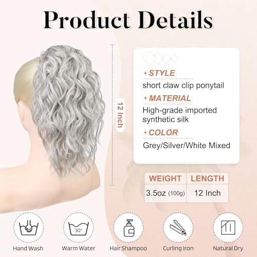 Flufymooz Ponytail Extension, 12" Short Claw Ponytail Extension Wavy Curly Jaw Clip in Pony tails Hair Extension Natural Synthetic Hairpiece for Women (Grey/Silver/White Mixed) - Image 3