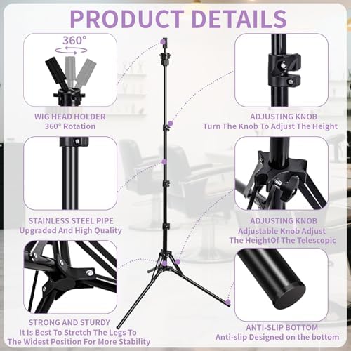Mannequin Head Stand,Adjustable Wig Stand Tripod Height Adjustment(20-60Inch) Reinforced Metal Mannequin Stand For Cosmetology Hairdressing Training With Free One Wide Tooth Comb - Image 2
