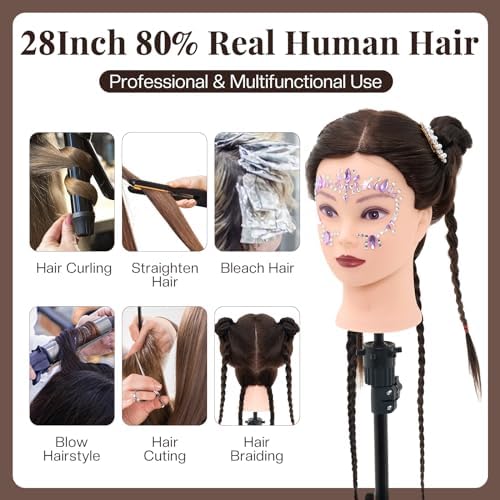28" Mannequin Head Human Hair, Mannequin Head with 80% Real Hair,Cosmetology mannequin Doll head for hair Styling,Training Practice Braiding Manikin head with Table Clamp,Hair Styling Set #4 - Image 2