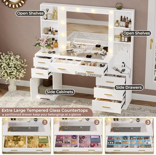 Hasuit 48.8'' Large Vanity Desk with Lighted Mirror & Power Outlet, White Makeup Vanity Table with 6 Drawers, 4 Shelves and 1 Storage Cabinet, Glass Tabletop Bedroom Dressing Table, 3 Lighting Modes - Image 2