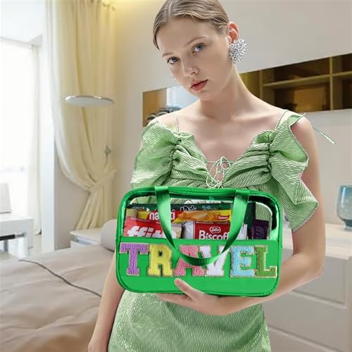 BuyCard Chenille Letter Patch Clear Travel Bags, Preppy PVC&Nylon Makeup Bag with Handle and Zipper, Waterproof Large Clear Travel Toiletry Bag Storage Bag for Women Girls Deep Green - Image 6