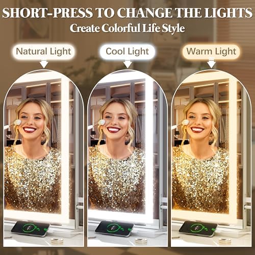 FENNIO Vanity Mirror with Lights 32"x22", Lighted Makeup Mirror, Large Vanity Mirror, Touch Sensor with 3-Color Lighting, USB Charging Port for Vanity Desk（Square White） - Image 3