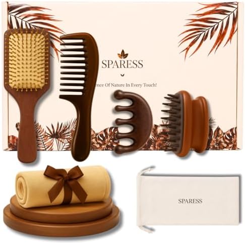 Wooden Hair Brush and Comb Gift Set for Women – Natural Hair Care Kit with Paddle Brush, Wide Tooth Comb, Sandalwood Scalp Comb, Silicone Shampoo Brush & Hair Towel by Unknown