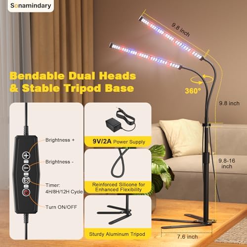 LED Grow Lights for Indoor Plants, Tripod Stand, Dual Head - Image 5