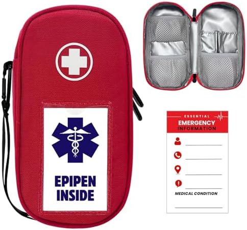 EpiPen Carry Case Insulated,Emergency Medical Bag with Carabiner-for 2 EpiPens,Asthma Inhaler,Auvi-Q,Anti-Histamine,Allergy Medicine,Eye Drops,Diabetes Travel Case(Red) by Unknown