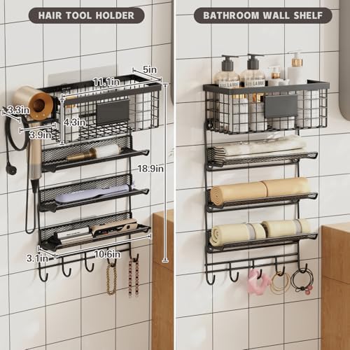 Magheo Hair Dryer Holder Wall Mounted, Adheisve Hair Tool Organizer for hair Brush/Appliance Wall Mount with 5 Tier Shelf Basket Hooks Blow Dryer and Straightener Holder for Bathroom(Black) - Image 6