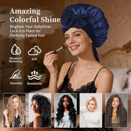 Silk Bonnet Satin Bonnet for Sleeping Large Bonnets with Tie Band Hair Wrap with Adjustable Straps Hair Cap for Women Curly Hair Blue - Image 4