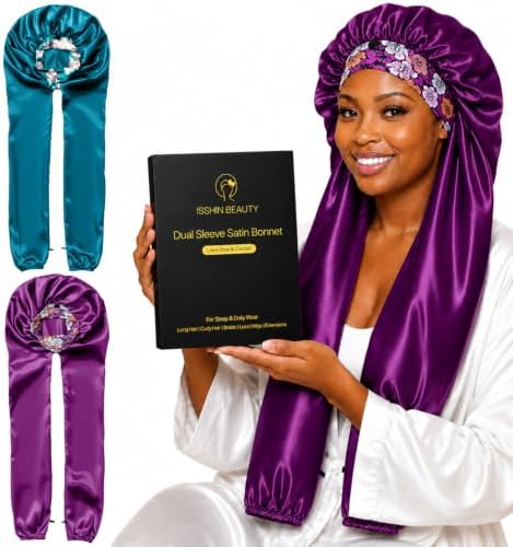 Isshin Beauty Satin Hair Bonnet for Sleeping Women: Dual Sleeve 2 in 1 Long Hair Protector Anti Frizz Sleep Cap by IsshinBeauty