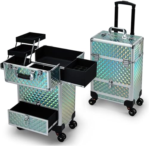 Hododou Blue Rolling Makeup Case with Drawer Travel Trolley Cosmetology Case on Wheel Makeup Storage Salon Barber Case Traveling Cart Trunk for Cosmetologist Nail Tech Hairstylist by Hododou