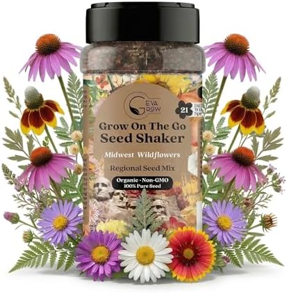 on the Go Seed Shaker - Midwest Wildflower Seeds Regional Mix - Organic, Non-GMO - 100% Pure Seed - 21 Different Wildflowers Seeds of Annual and Perennial, 8oz by GevaGrow