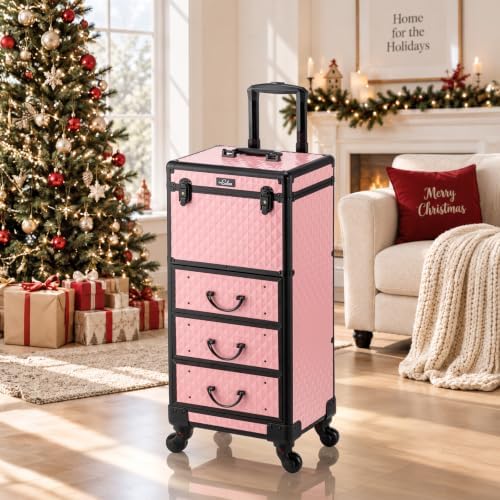 OmySalon Rolling Makeup Train Case with 3 Drawers, Cosmetology Case on Wheels w/Pull Handle and Removable Wheels, Large Cosmetic Organizer Storage Box for Nail Tech, Makeup Artist, Hairstylist(Pink) - Image 6