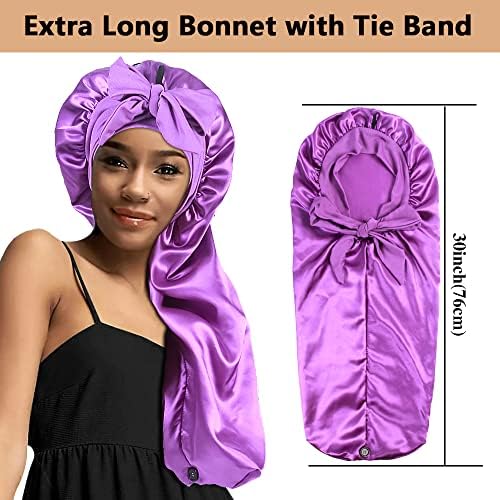 2pcs Long Satin Bonnets with Tie Band, Large Braid Bonnet Silky Hair Cap for Locs Women Sleeping, F - Image 2