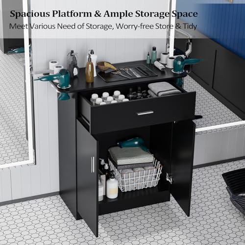 OmySalon Salon Storage Station, Barber Stations Beauty Salon Spa Equipment, Free Standing Cabinet with 1 Drawers, 1 Storage Cabinet, 6 Hair Dryer Holders for Hair Styling, Black - Image 5