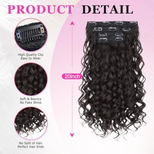 Vigorous Curly Clip In Hair Extensions,4PCS 20 inch Thick Curly Hair Extensions Lace Weft Clip Ins Invisible Natural Synthetic Hairpieces for Women,Black Brown(4/4K) - Image 3