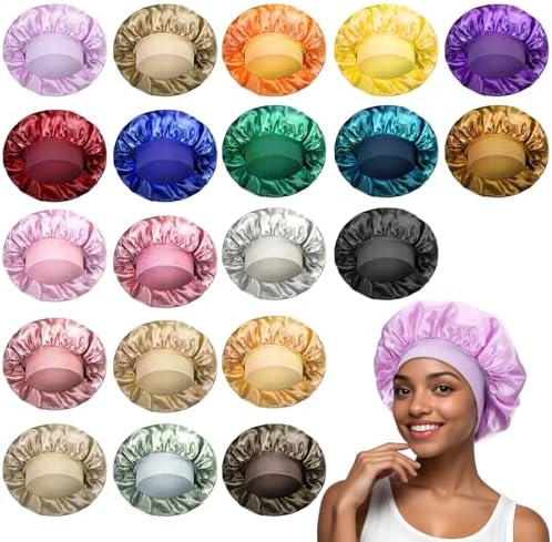 20Pcs Satin Bonnets for Sleeping, Large Silk Hair Bonnet for Women, Wide Band Adjustable Sleep Cap for Curly Braids Dreadlocks Natural Hair (20 Colors) by Unknown