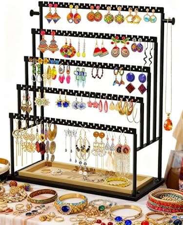 Earring Holder Organizer, 5-Tier Jewelry Display Stand with Matte Black Metal Frame and Wooden Tray, Large Earring Holder for Studs, Hoops, Dangles, Modern Jewelry Organizer for Women - Image 2