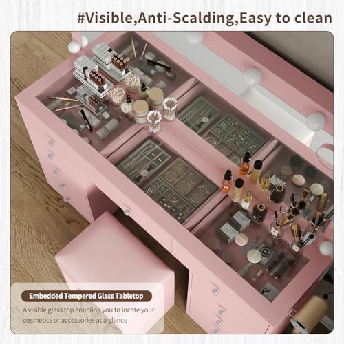 Yanosaku 11 Drawers Makeup Vanity with Charging Station, Vanity Desk with 13 LED Bulbs and HD Mirror, 3 Color Brightness Adjustable, Glass Top Vanity Set for Bedroom, Pink - Image 6