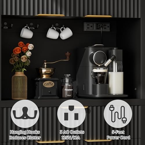 Lulive 71" Fluted Pantry Cabinet with Charging Station, Black - Image 4