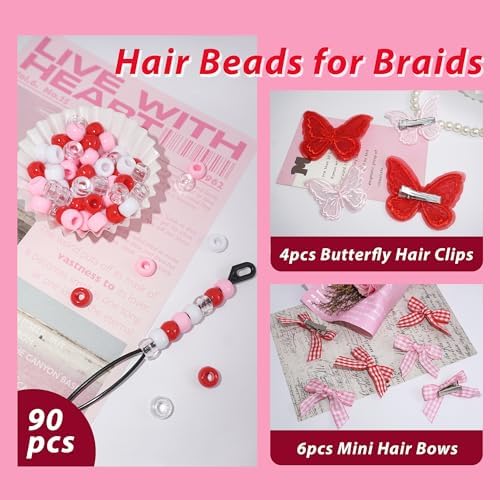 100pcs Hair Beads for Braids Dark Red Lace Embroidery Butterfly Hair Clips Gingham Small Hair Bows Acrylic Loc Dreadlock Pony Beads Y2K Hair Accessories for Girls - Image 3