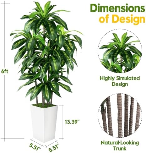 Artificial Dracaena Tree Indoor, 6FT Tall Fake Tree with White Tall Planter - Image 4