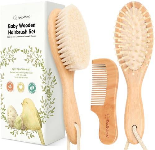 Wooden Baby Hair Brush Set for Newborns, Toddler Comb (Walnut, Regular) by KeaBabies