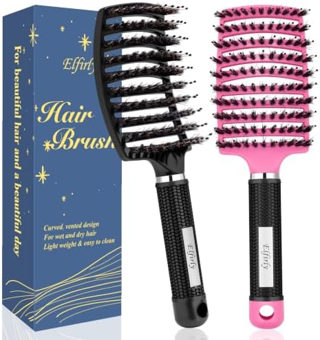 Boar Bristle Hair Brush, Detangler for Women Men, Wet & Dry Hair by Elfirly