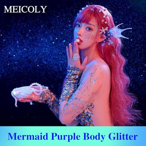 MEICOLY Light Purple Hair Glitter,Game Day Spirit Day Wear Purple Face Glitter,Self-Adhesive Holographic Chameleon Halloween Body Glitter Face Paint,Mermaid Glitter Makeup for Festival - Image 2