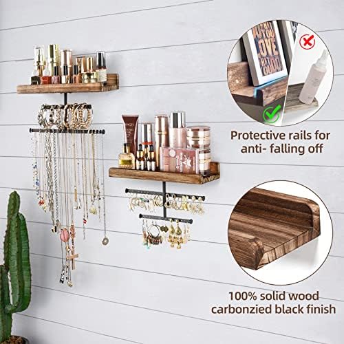 Keebofly Hanging Wall Mounted Jewelry Organizer with Rustic Wood Jewelry Holder Display for Necklaces Bracelet Earrings Ring Set of 2 Carbonized Black,[Patented] - Image 4