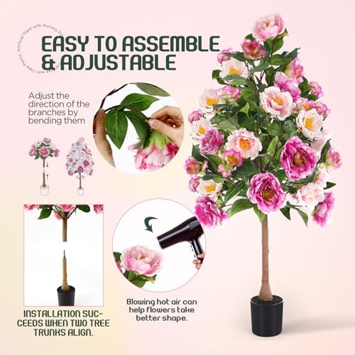 Thiccywoov 2 Pack,Pink 4FT Artificial Peony Flower Tree Lifelike Fake Plant - Image 4