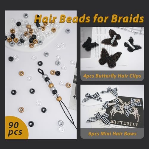 100pcs Hair Beads for Braids Gold Loc Dreadlock Hair Beads Black Gingham Mini Hair Bows Lace Embroidery Butterfly Hair Clips 3 Styles Y2K Hair Accessories for Women Girls - Image 5