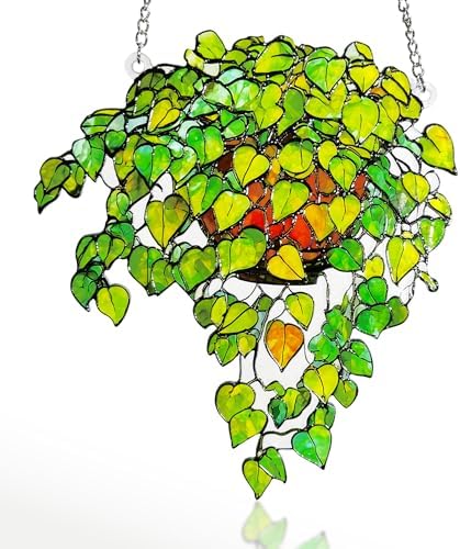 Plant Suncatcher Glass, Stained Glass Suncatcher Plant Window Hanging, Unique Nature Lover Gifts Leaf (Green) by StainedGlassArtware