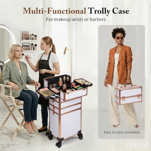 5 in 1 Rolling Makeup Train Case Professional Cosmetic Trolley Large Storage Organizer on Wheels for Hairstylist Artist Nail Beauty Salon Barber White - Gold Frame - Image 6