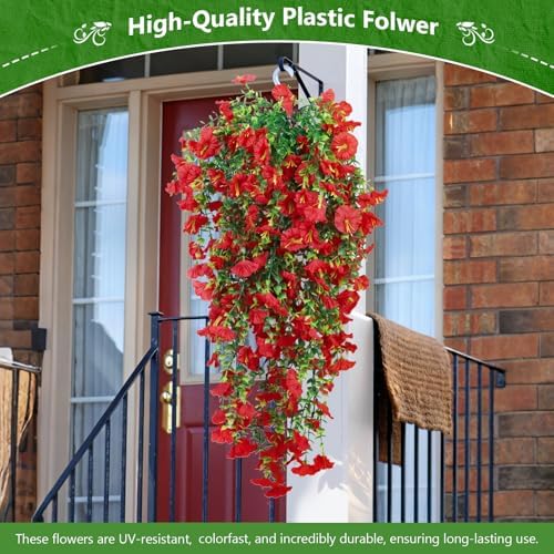 4-Pack Fake Hanging Plants, Faux Hanging Plant Artificial Greenery for Living Room Bedroom Boho Wall Shelf Indoor Outdoor Decor (Red Morning Glory) - Image 2