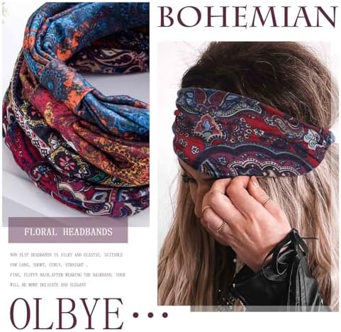 Olbye Wide Boho Headbands Floral Stretch Head Wraps Bohemian African Turban Hairbands Knotted Bandana Headband Yoga Running Head Scarfs Workout Hair Accessories for Women 4Pcs (Boho, 9.4 * 5.9'') - Image 3