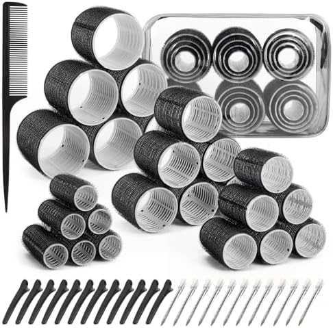 4 Sizes Hair Rollers Set with Clips - 50 Pcs Hair Curlers Rollers for Women, Self Grip Holding Hair Roller for Hair Long Medium Short Bangs Thick Fine Volume Thin, Black by PIKBIU
