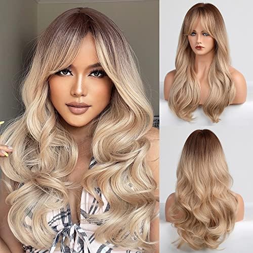 HAIRCUBE Long Blonde Wigs for Women Wave Curly Wig with Bangs Natural Brown Roots Synthetic Wigs for Daily Use Cosplay by HAIRCUBE