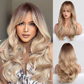 HAIRCUBE Long Blonde Wigs for Women Wave Curly Wig with Bangs Natural Brown Roots Synthetic Wigs for Daily Use Cosplay by HAIRCUBE