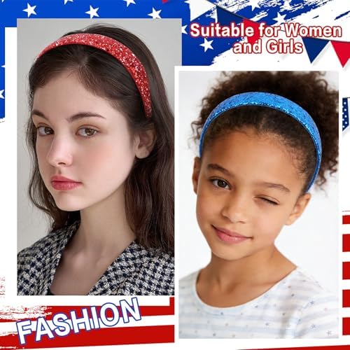 Headbands for Girls, 3 Pack Glitter Red White Blue Girls Headbands - Image 5
