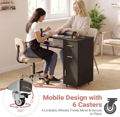 Manicure Table Nail Desk with Dust Collector & Wheels (Black) - Image 7