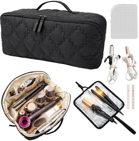 Hair Tools Travel Bag 5-Piece Set with Heat Resistant Mat Insulated Pouch and 2 Cord Straps, Large Fabric Organizer for Hot Brush Curling Iron Flat Iron Hair Dryer, Available in Black by Unknown