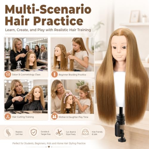Headdoll 26"-28" Mannequin Head Styling Mannequin Head for Hair Styling and Free Table Stand Training Head Manikin Cosmetology Doll Head with Long Fiber Hair Hairdresser Practice Head for Stylist - Image 5