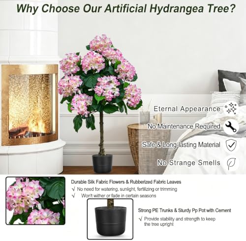 THKFUL 3.7FT Artificial Hydrangea Tree with Natural Trunk, Pink & White Faux Flowering Tree in Pot for Living Room, Entryway, Bedroom, Front Porch, Patio & Cottage Home Decor - Image 6