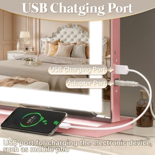 FENNIO Vanity Mirror with Lights 32''x22'' Makeup Mirror with Lights,Lighted Makeup Mirror with 10X Magnification and USB，Smart Touch Screen with 3-Color Lighting,Dimmable（Square Pink） - Image 6