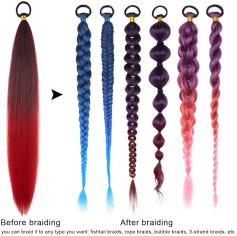 LyoRuSi 2 Pack Braid Ponytail Extension 26'' Black Red Ponytail Extension - Image 4